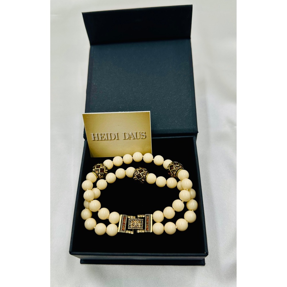 Heidi Daus Cream Faux Pearl Double Strand Bracelet Bronzetone Crystal Clasp 8in